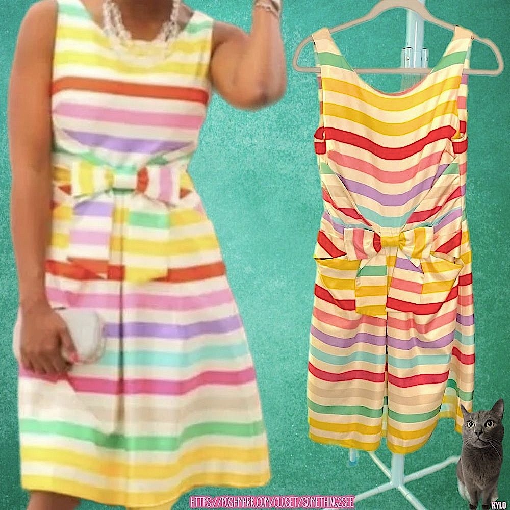 kate spade | Jillian | Lined Silk Rainbow Stripe Dress w Front Pockets & Bow - Picture 2 of 15